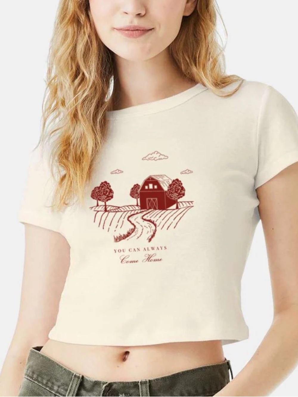 Emily Roggenburk Graphic Baby Tee with Red Farm Illustration